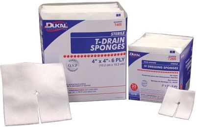 . Case of [12] Cotton Sterile T-Drain Sponge - 6 Ply, 4" x 4", 25 Pack .